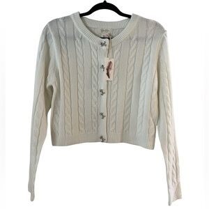 Jessica Simpson Off White Cable Knit Cardigan with Bow Button Detail- Size S